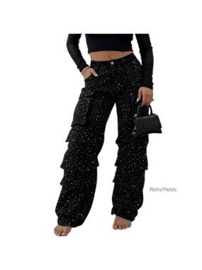 Rhinestone Cargo Jeans High Waisted Straight Leg Sparkle Denim Pants
